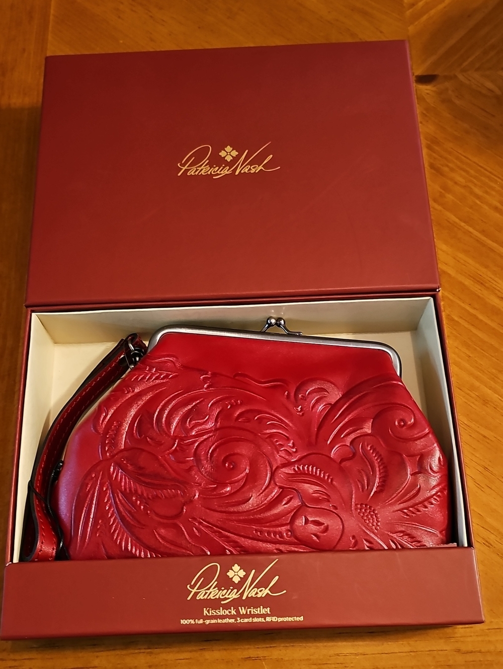 Patricia Nash Red Embossed Leather Kisslock Wristlet
